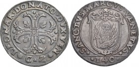 Leonardo Donà doge XC, 1606-1612. Scudo della croce, AR 31,37 g. LEONAR DONATO DVX VEN Croce ornata e fogliata, accantonata da quattro foglie di vite....