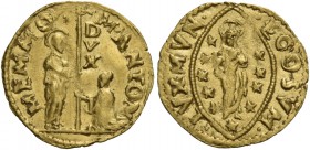 Marcantonio Memmo doge XCI, 1612-1615. Quarto di zecchino, AV 0,85 g. M ANTON – MEMMO S. Marco nimbato, stante a s., porge il vessillo al doge genufle...