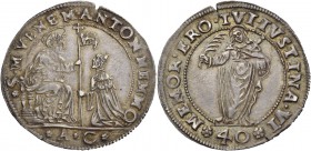 Marcantonio Memmo doge XCI, 1612-1615. Quarto di scudo da 2 lire o 40 soldi, AR 9,01 g. S M VENE M ANTO MEMMO S. Marco nimbato, seduto in trono a s., ...