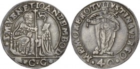 Giovanni Bembo doge XCII, 1615-1618. Quarto di scudo da 2 lire o 40 soldi, AR 8,88 g. S M VENET IOAN BEMBO D S. Marco nimbato, seduto in trono a s., p...