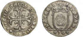 Antonio Priuli doge XCIV, 1618-1623. Mezzo scudo della croce, AR 15,67 g. ANTON PRIOL DVX VENE Croce ornata e fogliata, accantonata da quattro foglie ...