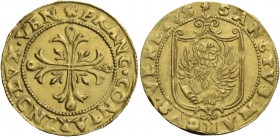 Francesco Contarini doge XCV, 1623-1624. Mezza doppia, AV 3,36 g. Stella FRANC CONTARENO DVX VEN Croce ornata e fiorita. Rv. + SANCTVS MARCVS VENETVS ...