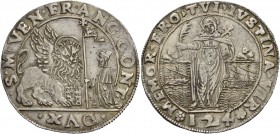 Francesco Contarini doge XCV, 1623-1624. Ducato da 124 soldi, AR 27,95 g. S M VEN FRANC CONT – DVX Il Leone alato, a s., volto di fronte e con la zamp...