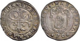 Giovanni I Corner doge XCVI, 1625-1629. Mezzo scudo della croce, AR 15,75 g. IOAN CORNEL DVX VEN Croce ornata e fogliata, accantonata da quattro fogli...