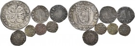Nicolò Contarini doge XCVII, 1630-1631. Lotto di sette monete. Mezzo scudo della croce. CNI 11. Paolucci 20. Soldo da 12 bagattini (2). CNI 55, 59. Pa...