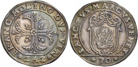 Francesco Molin doge XCIX, 1646-1655. Mezzo scudo della croce, AR 15,82 g. FRANC MOLINO DVX VEN Croce ornata e fogliata, accantonata da quattro foglie...