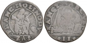 Francesco Molin doge XCIX, 1646-1655. Gazzetta per Candia, secondo tipo, Mist. 2,51 g. FRANC MOLINO DV Figura muliebre coronata, seduta di fronte, con...
