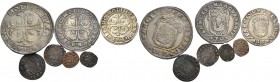 Francesco Molin doge XCIX, 1646-1655. Lotto di sette monete. Scudo della croce. CNI 4. Paolucci 11. Mezzo scudo della croce. CNI 64. Paolucci 12. Quar...