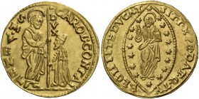 Carlo Contarini doge C, 1655-1656. Zecchino, AV 3,49 g. CAROL CONTA – S M VENET S. Marco nimbato, stante a s., porge il vessillo al doge genuflesso; l...