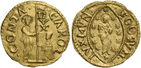 Carlo Contarini doge C, 1655-1656. Quarto di zecchino, AV 0,79 g. CAROL – CONTA S. Marco nimbato, stante a s., porge il vessillo al doge genu­flesso; ...