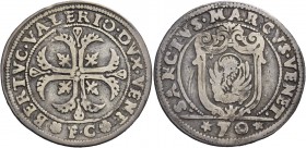 Bertucci Valier doge CII, 1656-1658. Mezzo scudo della croce, AR 14,97 g. BERTVC VALERIO DVX VENE Croce ornata e fogliata, accantonata da quattro fogl...
