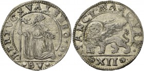 Bertucci Valier doge CII, 1656-1658. Da 12 soldi, AR 4,03 g. BERTVC – VALERIO D Il doge con vessillo, genuflesso a s. e con lo sguardo rivolto verso l...