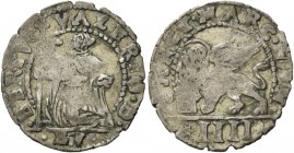 Bertucci Valier doge CII, 1656-1658. Da 4 soldi, AR 1,27 g. BERTVC – VALERIO D Il doge con vessillo, genuflesso a s. e con lo sguardo rivolto verso l’...