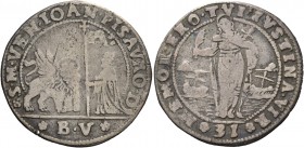 Giovanni Pesaro doge CIII, 1658-1659. Quarto di ducato da 31 soldi, AR 6,14 g. S M VEN IOAN PISAVRO D Il Leone alato, a s., volto di fronte e con la z...