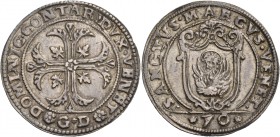 Domenico Contarini doge CIV, 1659-1675. Mezzo scudo della croce, AR 15,55 g. DOMINIC CONTAR DVX VENET Croce ornata e fogliata, accantonata da quattro ...