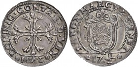 Domenico Contarini doge CIV, 1659-1675. Ottavo di scudo della croce, AR 3,80 g. DOMINIC CONTAR D VEN Croce ornata e fogliata, accantonata da quattro f...