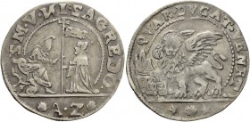 Nicolò Sagredo doge CV, 1675-1676. Quarto di ducato, AR 5,60 g. S M V NI SAGREDO S. Marco nimbato, seduto a s. e benedicente, consegna il vessillo al ...