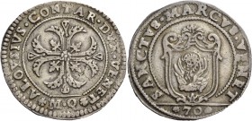 Alvise Contarini doge CVI, 1676-1684. Mezzo scudo della croce, AR 15,63 g. ALOYSIVS CONTAR DVX VENET Croce ornata e fogliata, accantonata da quattro f...