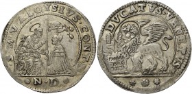 Alvise Contarini doge CVI, 1676-1684. Ducato, AR 22,72 g. S M V ALOYSIVS CONT D S. Marco nimbato, seduto a s. e benedicente, consegna il vessillo al d...