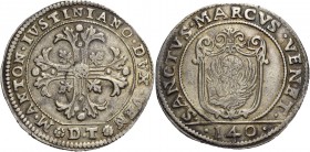 Marc’Antonio Giustinian doge CVII, 1684-1688. Scudo della croce, AR 31,60 g. M ANTON IVSTINIANO DVX VEN Croce ornata e fogliata, accantonata da quattr...