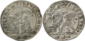 Marc’Antonio Giustinian doge CVII, 1684-1688. Ducato, AR 22,35 g. S M V M ANT IVSTINIANVS D S. Marco nimbato, seduto a s. e benedicente, consegna il v...