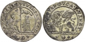 Marc’Antonio Giustinian doge CVII, 1684-1688. Quarto di ducato, AR 5,65 g. S M V M ANT IVSTINIANVS D S. Marco nimbato, seduto a s. e benedicente, cons...