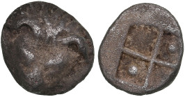 Cimmerian Bosporus, Panticapaeum (Pantikapaion) AR Hemiobol Circa 470-460 BC
0.23g, 6.3mm. F/F Lion head facing / Quadripartite incuse square, pellet ...