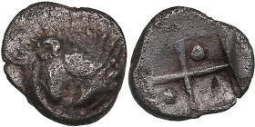Cimmerian Bosporus, Panticapaeum (Pantikapaion) AR Hemiobol Circa 470-460 BC
0.34g. 7mm. XF/XF Lion head facing / Quadripartite incuse square, pellet ...