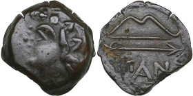 Cimmerian Bosporus, Panticapaeum (Pantikapaion) Æ Circa 304-250 BC.
4.06g. 17mm. VF/VF Satyr left/ ΠΑΝ Bow and arrow. MacDonald 116/1. 