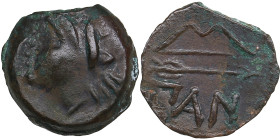 Cimmerian Bosporus, Panticapaeum (Pantikapaion) Æ Circa 304-250 BC.
2.52g. 15mm. AU/AU Satyr left/ ΠΑΝ Bow and arrow. MacDonald 116/1. 