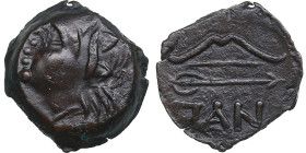 Cimmerian Bosporus, Panticapaeum (Pantikapaion) Æ Circa 304-250 BC.
2.85g. 16mm. AU/AU Satyr left/ ΠΑΝ Bow and arrow. MacDonald 116/1. 