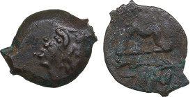 Cimmerian Bosporus, Panticapaeum (Pantikapaion) Æ Circa 304-250 BC.
1.77g. 16mm. XF/XF Satyr left/ ΠΑΝ Bow and arrow. MacDonald 116/1. 