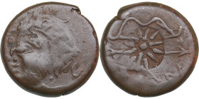 Cimmerian Bosporus, Panticapaeum (Pantikapaion) Æ Circa 304-250 BC.
6.82g. 20mm. VF/VF Overstrike. Countermark. Satyr left/ ΠΑΝ Bow and arrow. MacDona...