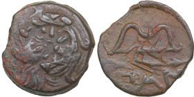 Cimmerian Bosporus, Panticapaeum (Pantikapaion) Æ Circa 304-250 BC.
5.51g. 20mm. VF/VF Overstrike. Countermark. Countermark. Satyr left/ ΠΑΝ Bow and a...