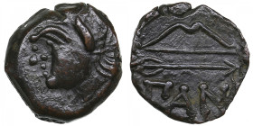 Cimmerian Bosporus, Panticapaeum (Pantikapaion) Æ Circa 304-250 BC.
2.37g. 14mm. XF/XF Satyr left/ ΠΑΝ Bow and arrow. MacDonald 116/1. 