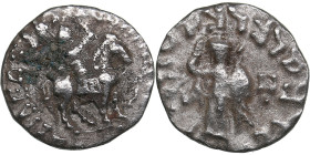 Indo-Skythians. AR Drachm. Azes. Circa 58-12 BC.
1.66g. 15mm. F/F Azes on horseback right, holding whip/ Athena standing facing. 