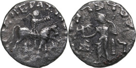 Indo-Skythians. AR Drachm. Azes. Circa 58-12 BC.
1.76g. 14mm. F/F Azes on horseback right, holding whip/ Zeus standing facing. 