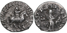 Indo-Skythians. AR Drachm. Azes. Circa 58-12 BC.
1.84g. 16mm. VF/F Azes on horseback right, holding whip/ Zeus standing facing. 