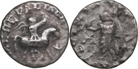 Indo-Skythians. AR Drachm. Azes. Circa 58-12 BC.
1.67g. 15mm. F/F Azes on horseback right, holding whip/ Zeus standing facing. 