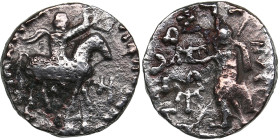 Indo-Skythians. AR Drachm. Azes. Circa 58-12 BC.
2.18g. 15mm. F/VF Azes on horseback right, holding whip/ Godness standing facing. 