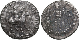 Indo-Skythians. AR Drachm. Azes. Circa 58-12 BC.
2.02g. 15mm. F/F Azes on horseback right, holding whip/ Zeus standing facing. 