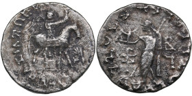 Indo-Skythians. AR Drachm. Azes. Circa 58-12 BC.
2.11g. 17mm. VF/VF Azes on horseback right, holding whip/ Zeus standing facing. 
