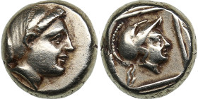 Lesbos, Mytilene 1/6 Stater - EL-Hekte. Circa 377-326 BC.
2.52g. 10mm. VF/VF Female head right, wearing sakkos/ Helmeted head of Athena right within l...