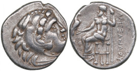 Kingdom of Macedon AR Drachm - Alexander III 'the Great' (336-323 BC)
3.89g. 18mm. VF+/VF Head of Herakles to right, wearing lion skin headdress/ AΛEΞ...