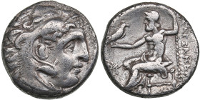 Kingdom of Macedon AR Drachm - Alexander III 'the Great' (336-323 BC)
3.86g. 16mm. VF+/VF Head of Herakles to right, wearing lion skin headdress/ AΛEΞ...