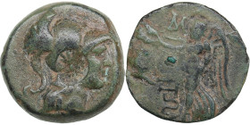 Greek Uncertain Æ Circa 1st century BC
3.99g. 16mm. F/F Helmeted bust of Athena right/ Nike standing left. Countermark.