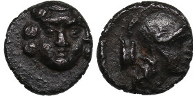 Pisidia, Selge AR Obol. Circa 350-300 BC.
0.91g. 10mm. VF/VF Facing gorgoneion / Helmeted head of Athena to right.