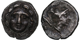 Pisidia, Selge AR Obol. Circa 350-300 BC.
0.85g. 11mm. XF/VF Facing gorgoneion / Helmeted head of Athena to right, spear over shoulder. 