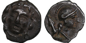 Pisidia, Selge AR Obol. Circa 300-190 BC.
0.65g. 11mm. XF/XF Facing gorgoneion / Helmeted head of Athena to right, spear over shoulder. 