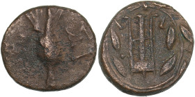 Sicyon, Sicyonia. AE Trichalkon. Circa 196-146 BC.
2.78g. 15mm. F/VF Dove picking right, ΣI - Λ / Tripod within wreath.